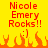 Yellow background with red text 'Nicole Emery Rocks!!' and orange flame graphics beneath the text.