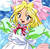 Pixelated cartoon-style icon of a blonde girl with pink hair accessories, red bow, and green-and-white clothing against a blue sky background.