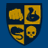 Blue background with yellow shield divided into four quadrants containing brain, guitar, snake, and skull icons, yellow 'BULLY' text, and yellow square with black 'R' and white star.