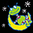 Pixelated green alien with blue antennae and red accents sits on a yellow crescent moon against black background, surrounded by white starbursts.