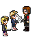 Pixel art animation of two characters interacting with a sword, showing actions like holding, dropping, and reacting to pain.