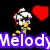 Pixelated character with white hair and red accents stands beside a large red heart, text below reads "MelodyMelody" in purple outline.