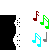 Pixelated music note icons in multiple colors appear and disappear across black silhouette on a gray background