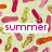 A static image with a repeating pattern of colorful flip-flops on a light background, featuring multiple instances of the word 'summer' in different colors and punctuation variations.