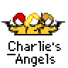 Pixel art contact sheet showing two identical animated frames of three stick-figure characters in yellow outfits with guns, above text reading "Charlie's Angels" and red "badass buddy .com" branding on gray background.