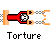 A pixelated red and orange mechanical object with a circular center rotates through multiple states against a gray background, each state labeled 'Torture' below.