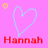 Pixelated pink background with two light blue heart outlines, red text 'Hannah' below each heart, and yellow star-like shapes above the left hearts.
