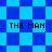 Blue and cyan pixelated checkered background with four instances of the text "THE MAN" in black block letters.