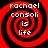 Four identical red and black spiral patterns with white text reading "rachael consoli is life" arranged in a on a solid red background