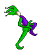 Four pixelated green and purple figures in dynamic poses against a gray background, each with a white neck and green clawed hands.