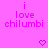 Pixelated text reads 'i love chilumbi' in three lines with two heart symbols below on a solid pink background.