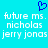 A static image with a bright cyan background features a blue pixelated heart symbol above white pixelated text reading "future ms. nicholas jerry jonas" repeated twice.