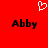 Red background with white pixelated heart above two black text 'Abby' instances in pixel art style.