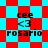 Pixelated text and symbols on red-cyan checkered backgrounds with diamond-shaped patterns in some frames.