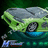 Pixelated green car with gray roof and blue undercarriage, two wheels visible, green text above, blue and white text below.