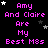 Pixelated text in pink reads 'Amy And Claire Are My Best M8s' repeated across a black background with scattered white and gray stars.