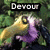 Animated icon shows a cartoon bird with yellow beak and purple body against green foliage, text changes from 'Devour' to 'Regurgitate' then back to 'Devour', ending with 'So I Devour 2 Times'.