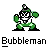 Pixel art character in green and white attire with a checkered face, holding two bubble guns against gray background.