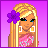 Pixel art of a blonde woman with purple flower in hair, pink top, and purple accessories against purple background.