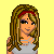 Pixel art contact sheet showing a female character in various poses with text elements on yellow background