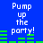 Blue background with white text reading "Pump up the party!" and green horizontal bars in four distinct arrangements across the frame.