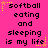 A static image with a bright pink background displays repeated text "softball eating and sleeping is my life" in black pixelated font, surrounded by yellow and orange star-like sparkles.