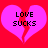 Two identical pink broken hearts on red background with black text 'LOVE SUCKS' inside each heart.