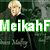 A pixelated image with green text 'MeikahF' over a dark figure, red text 'Loves' on a blue heart shape, and white text 'Slytherin' over a swirling green pattern.