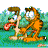 Animated contact sheet showing six frames of a cartoon orange cat and beige dog in outdoor setting with green background, displaying sequential motion across sampled frames.