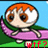 Pixelated character with orange hair, large brown eyes, green cape, and pink dress on a blue sky background.