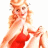 Pixelated vintage pinup woman in red dress with blonde hair and white gloves, standing against a split background of white and dark green.