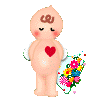 Pixelated angel figure with closed eyes, pink cheeks, and brown hair displays two states: holding a bouquet of colorful flowers or covering face with floral arrangement.