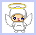 Pixelated angel icon with golden halo, blue eyes, pink nose, and white robe holding curved staffs against white background.