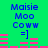 Two identical static images of a green background with blue text and pink bars, each showing 'Maisie Moo Coww =]' in pixelated font.