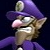 Pixelated close-up of a character with a large pink nose, purple hat, and purple clothing against a dark background.
