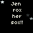 Black background with white pixelated text 'Jen rox her sox!!' repeated in a , surrounded by scattered light and dark gray stars