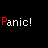 Red and white pixelated text "Panic!" repeated six times on black background with gray rectangle in bottom-right corner, plus red text "At The Disco" below.