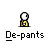 Animated contact sheet of a yellow stick figure character performing various poses with the text "De-pants" beneath each frame.