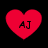 Four red heart-shaped icons with black 'AJ' text centered on each, arranged in a against a solid black background