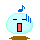 Two pixelated light blue spherical characters with brown bases, one winking and shouting with a red mouth while emitting sound waves, the other neutral with closed eyes and pink mouth.