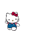 Hello Kitty character with red bow, blue overalls, and pink checkered shirt waving left arm in two
