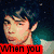 six pixelated images showing a person with dark hair and another in red clothing, each overlaid with colored text boxes containing phrases like "When you" and "look me."