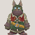 Pixelated character with green fur, blue eyes, and a red-and-yellow sash changes facial expressions across frames.