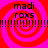 Four identical display red and pink spiral patterns with black text reading 'madi roxs' and a of exclamation marks