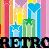 Pixelated image of a cityscape with colorful vertical stripes and a black bar containing partially visible text at the bottom.