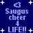 Pixelated blue background with white stars and light blue text reading "Saugus cheer 4 LIFE!!" and heart symbols in four repeated sections.