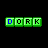Green pixelated blocks spelling DORK with blue letter highlights shifting across frames on a black background.