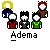 Pixel art of four showing character icons with red, green, and brown clothing, yellow halos, and red triangular symbols, all labeled 'Adema' below