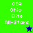 Green and blue pixelated display 'OEA Ohio Elite All-Stars' text with a star icon, transitioning from dark blue to green stars
