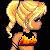 Pixelated cartoon character with blonde hair in a ponytail, wearing black top and orange shorts, holding fire-like object against dark background.